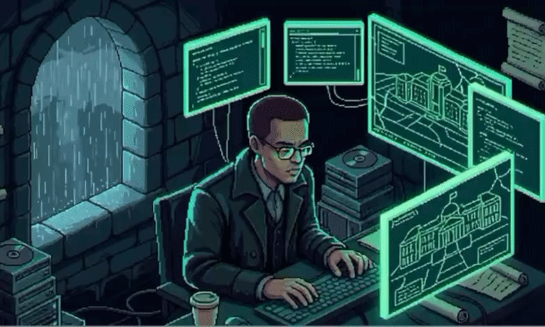 Pixel art animation of a hacker in a dark gothic room typing at a desk with glowing neon cyan terminal screens.